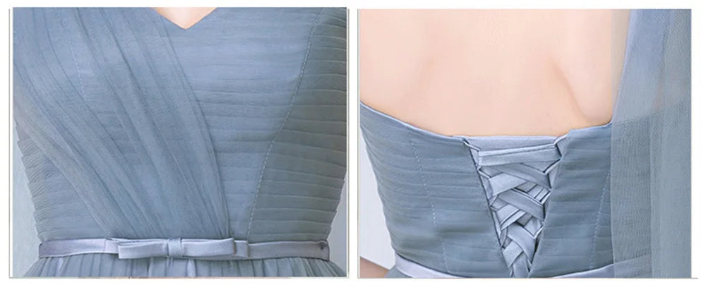 Élégante Robe de Demoiselle d'honneur Gris Bleu Simple 4 styles sans Manches Femme Classique Tulle Ceinture Satin Lacets Nœud Robe de Bal Ligne A