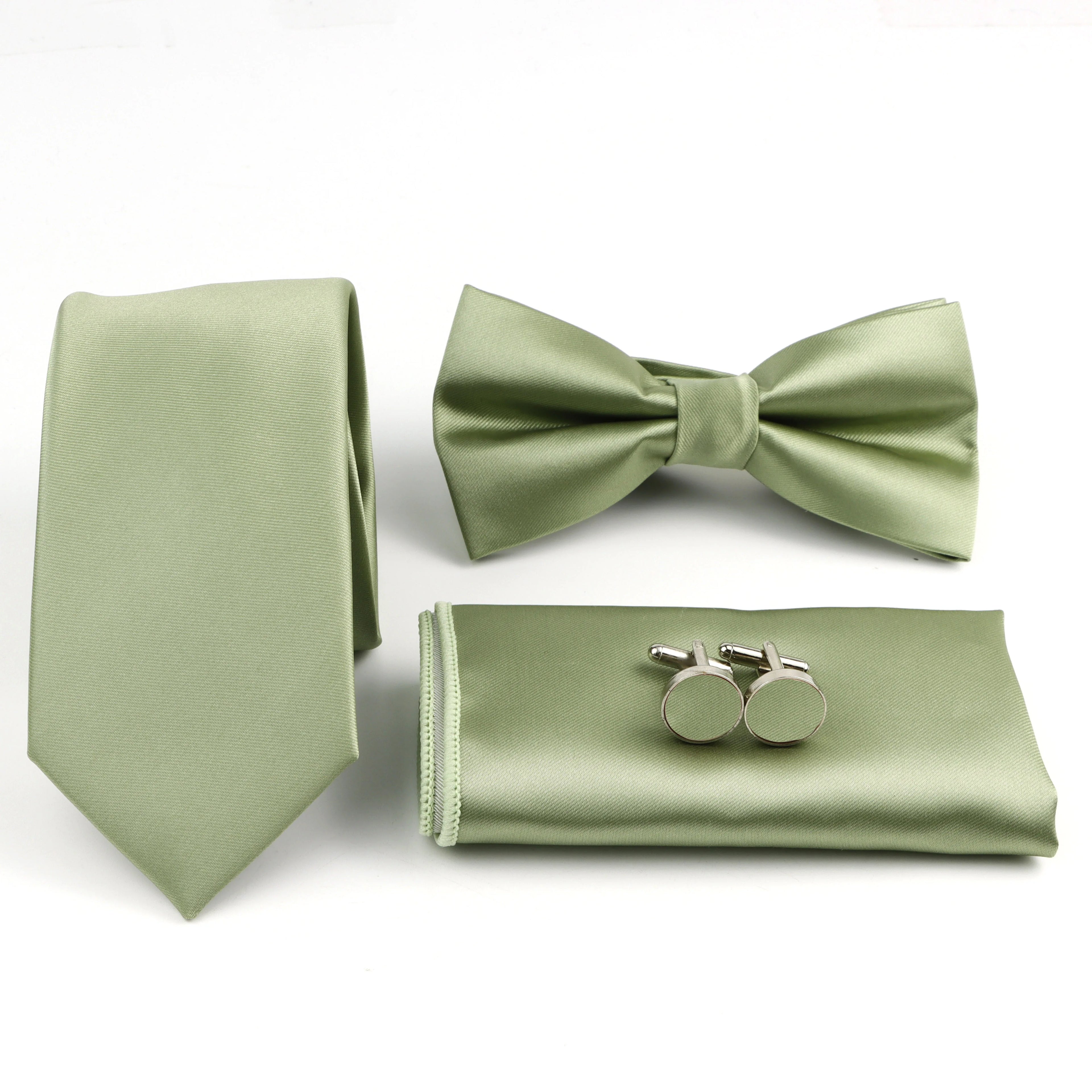 Men's Solid Color Tie Set | Necktie, Bow Tie, Pocket Square & Cufflinks for Weddings
