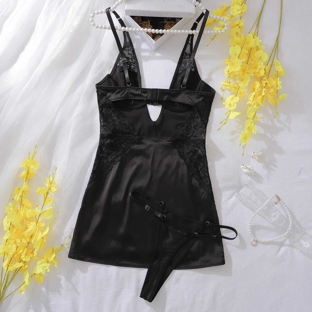 Ellolace Robe en satin sexy à col en V profond Lingerie sexy en dentelle patchwork fendue Robe de nuit sissy Robe nuisette en soie pour femmes