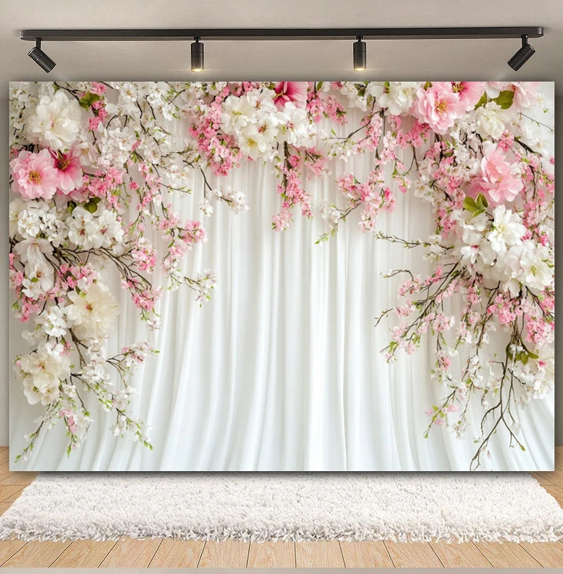 Toile de fond de fête pour photographie, motif mariage, fleur rose, palais, mur blanc, pour fête prénuptiale, décor de portrait de mariage, arrière-plan photo