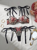 Ensemble de lingerie 2 pièces pour femme - Élégant nœud papillon - Soutien-gorge et culotte sexy transparents - Motif papillon - Mignon - Sous-vêtements intimes