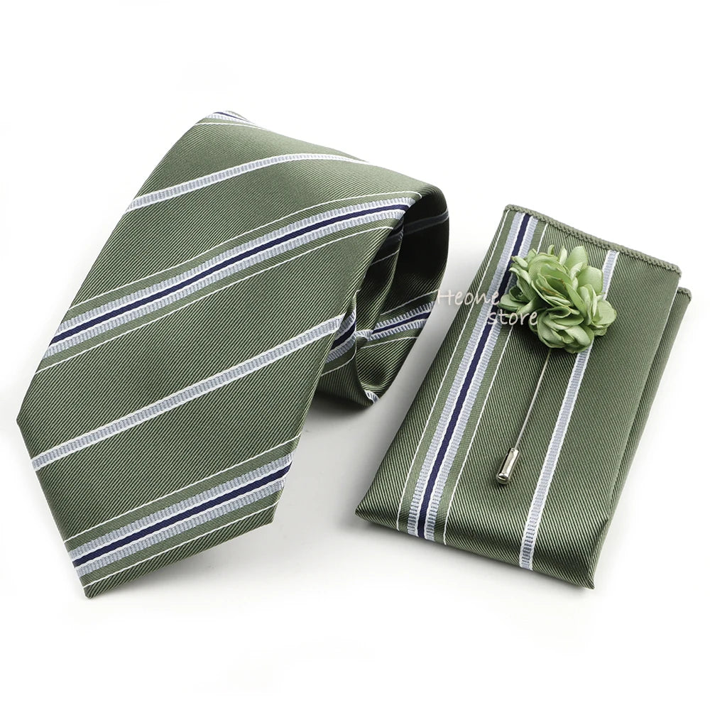 Men's Striped Necktie, Pocket Square & Brooch Set | Groom & Groomsmen Wedding Accessory
