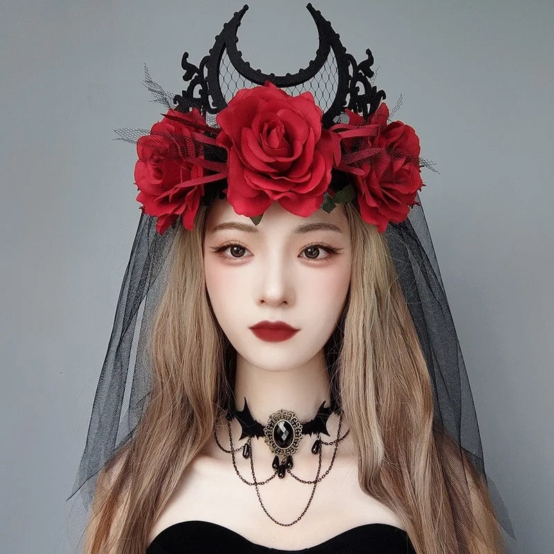 Couronne Gothique Serre-tête Rose Noire Rouge Halloween Roi Mariée Coiffe Sorcière Cosplay Coiffe Fête Mascarade Couvre-chef