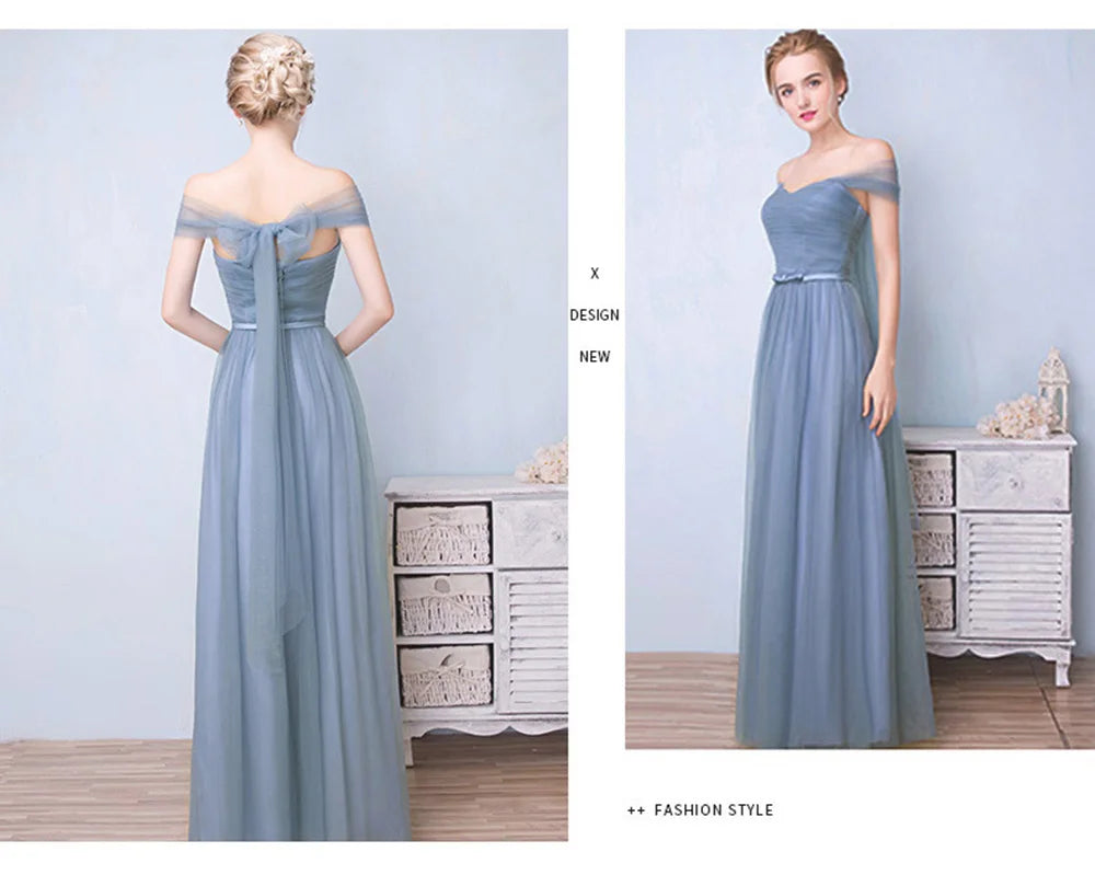 Élégante Robe de Demoiselle d'honneur Gris Bleu Simple 4 styles sans Manches Femme Classique Tulle Ceinture Satin Lacets Nœud Robe de Bal Ligne A