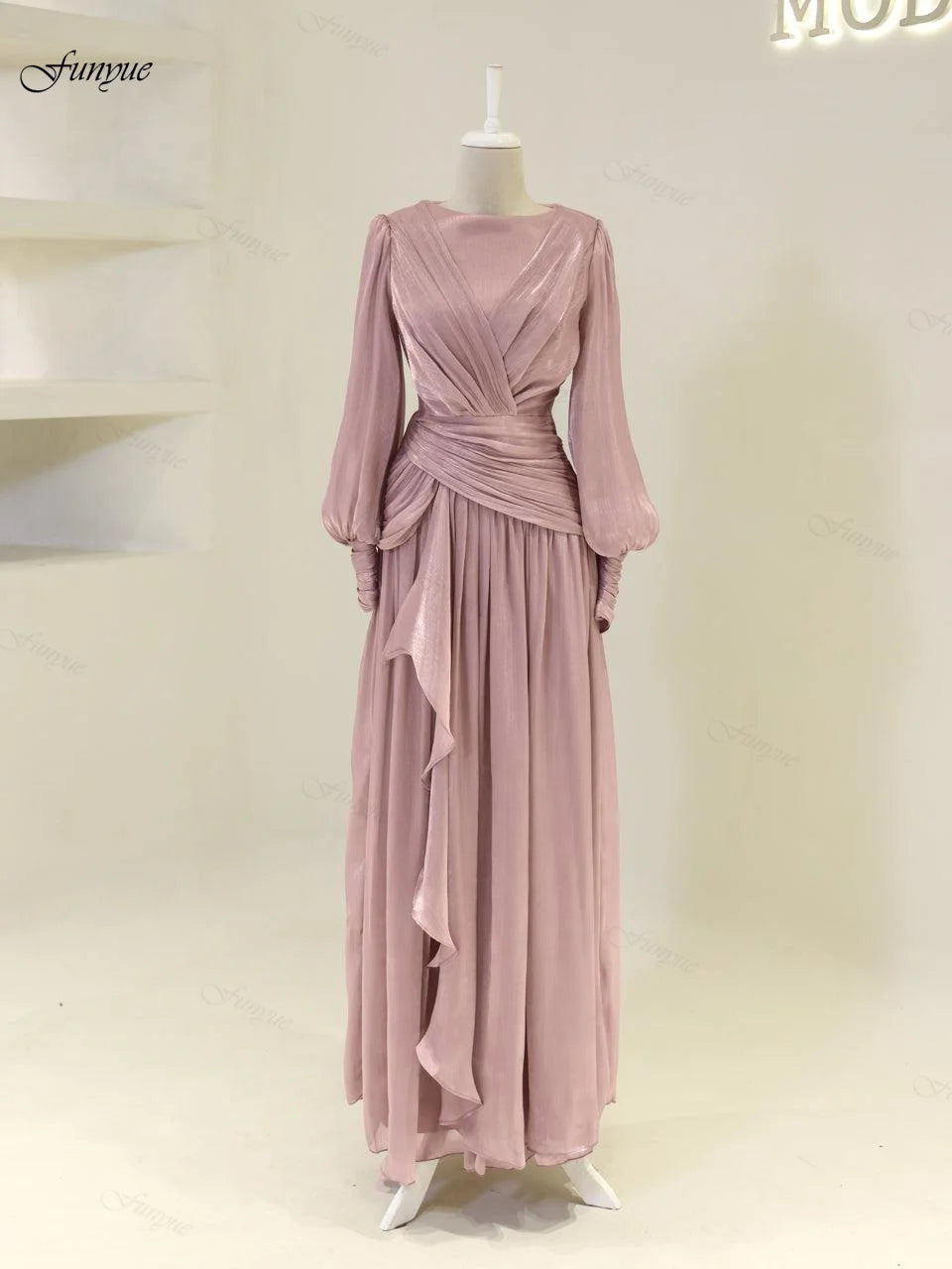 Robes de soirée musulmanes personnalisées élégantes pour femmes, en mousseline avec volants, manches longues, pour invités de mariage, robe de soirée formelle