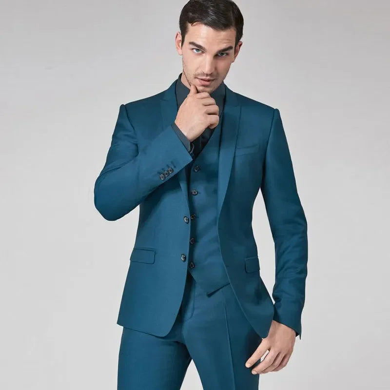 Costumes Homme Sarcelle Coupe Slim Garçons d'Honneur Mariage Tuxedos Trois Pièces Costume de Marié Revers Pointu Blazers Formels de Célébrités Avec Veste