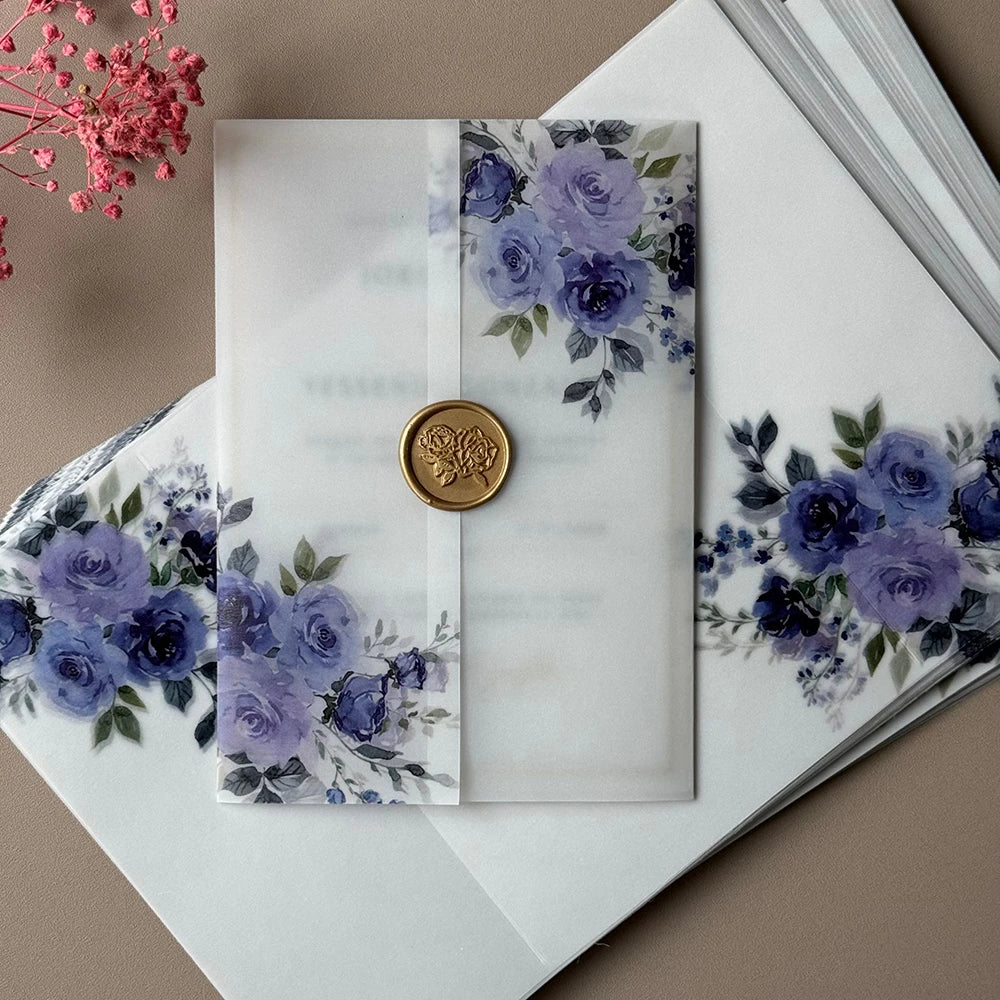 20pcs Watercolor flower Vellum  Wrap suitable for a 5 x 7 Wedding Invitation,vellum jacket,custom invitation