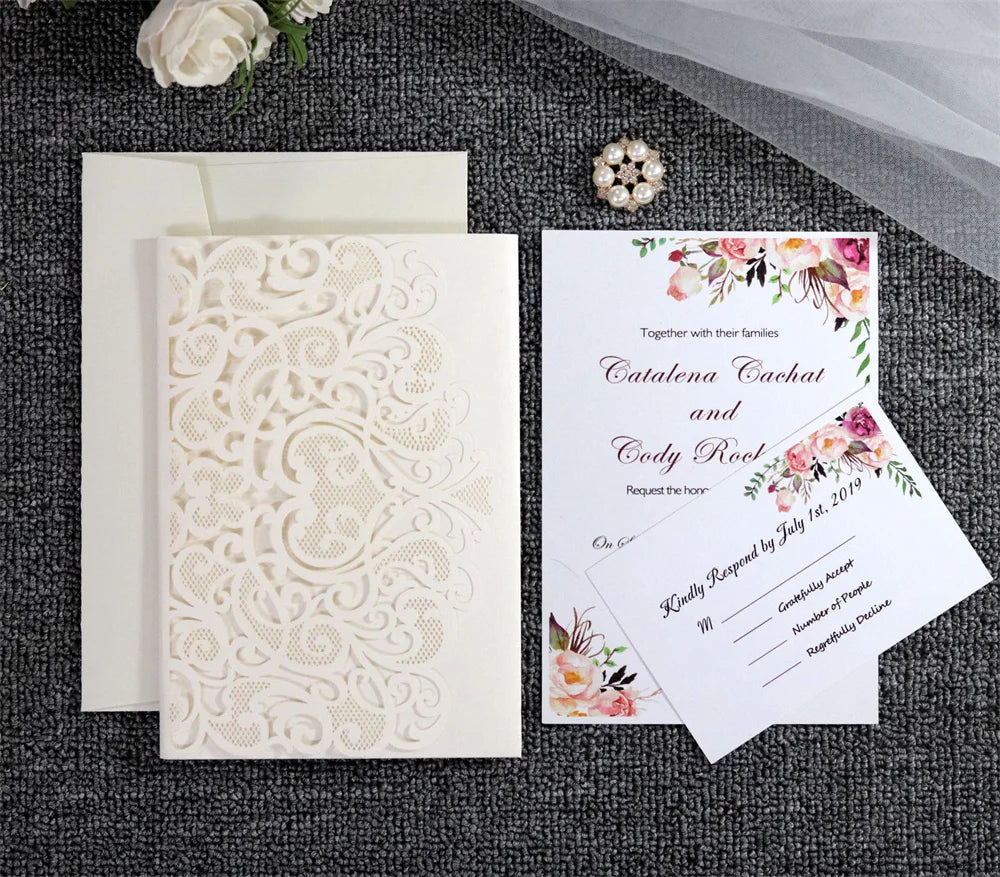 6 Pièces/Lot 3D Pop Up Mariés Ivoire Carte d'invitation de mariage Laser Poche Florale Douche nuptiale Invitations de fiançailles