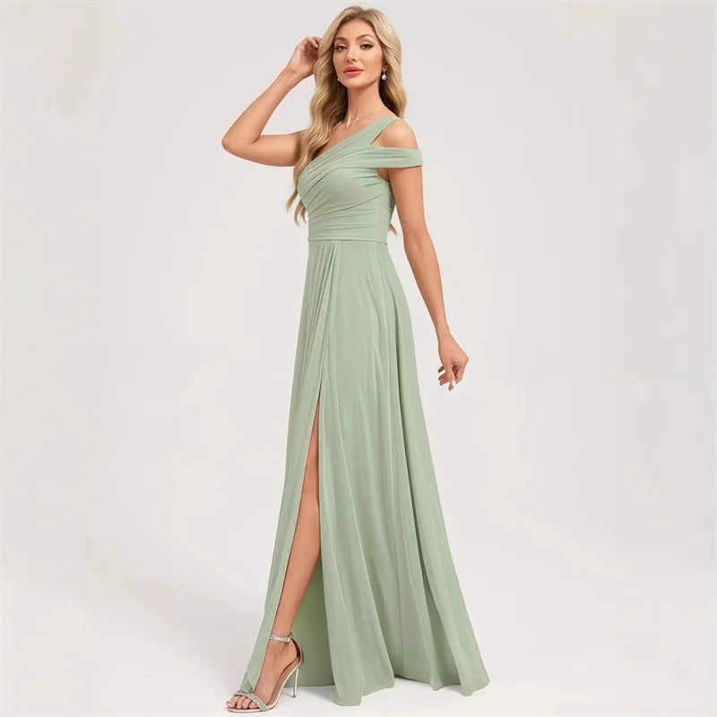 Robe de Demoiselle d'honneur en Mousseline Coupe Droite, Épaule Dénudée, Fendue, Plissée, Élégante pour Mariage, Soirée ou Bal, Dos Lacé