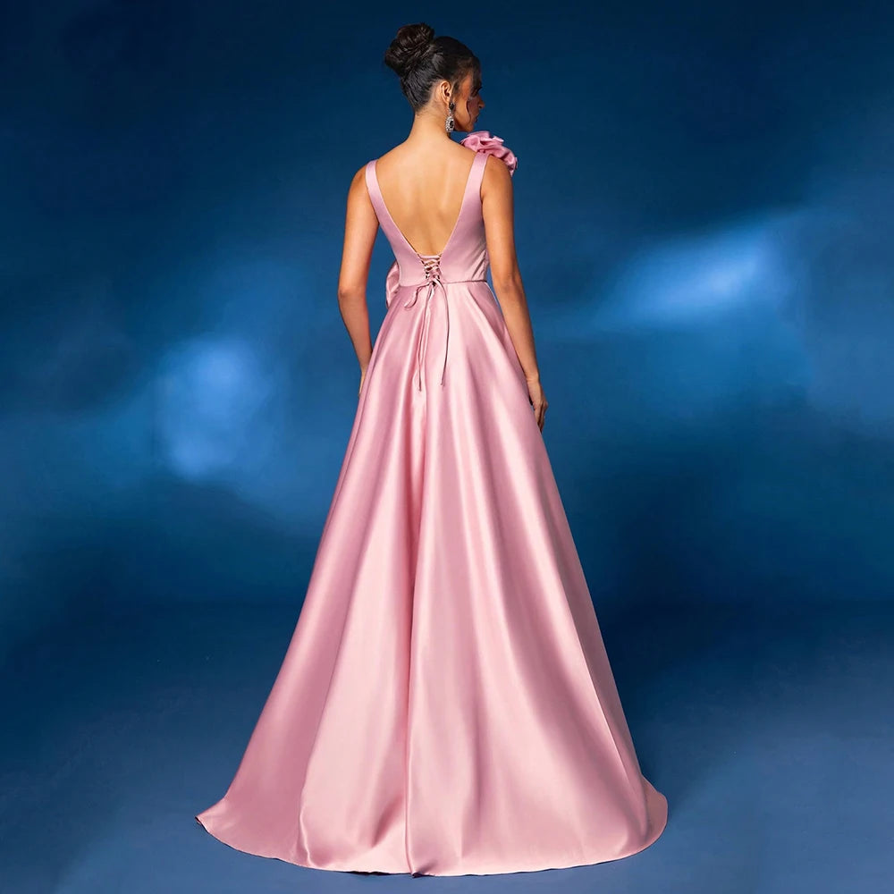 DRESS FORU Robes de Soirée Élégantes en Satin Longueur Ras du Sol Col en V sans Manches Robe de Bal Fleurie Vestidos De Fiesta Personnalisée