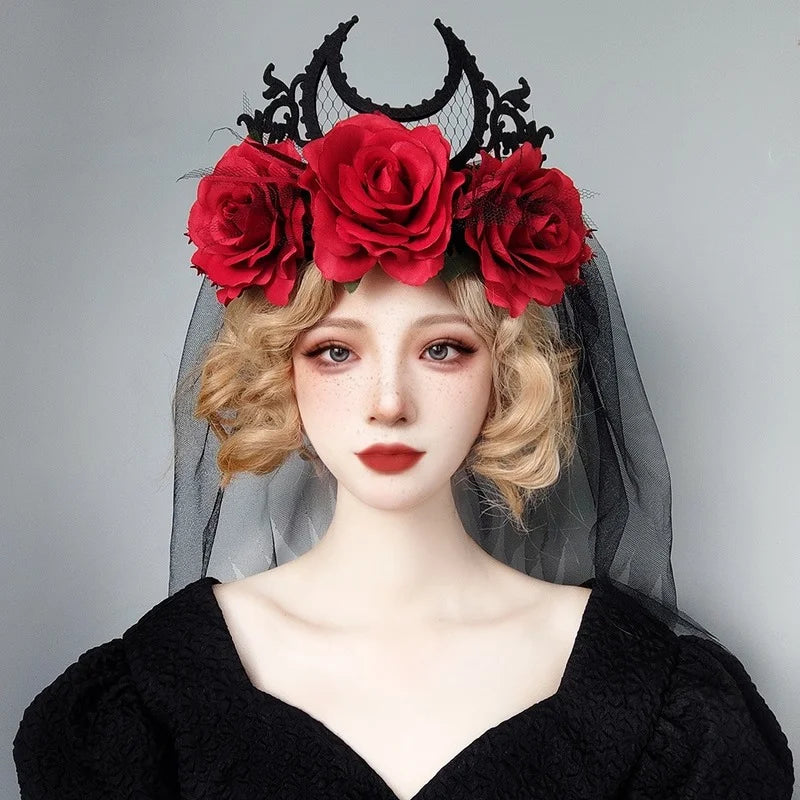 Couronne Gothique Serre-tête Rose Noire Rouge Halloween Roi Mariée Coiffe Sorcière Cosplay Coiffe Fête Mascarade Couvre-chef