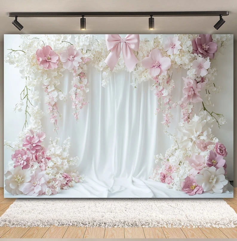 Toile de fond de fête pour photographie, motif mariage, fleur rose, palais, mur blanc, pour fête prénuptiale, décor de portrait de mariage, arrière-plan photo