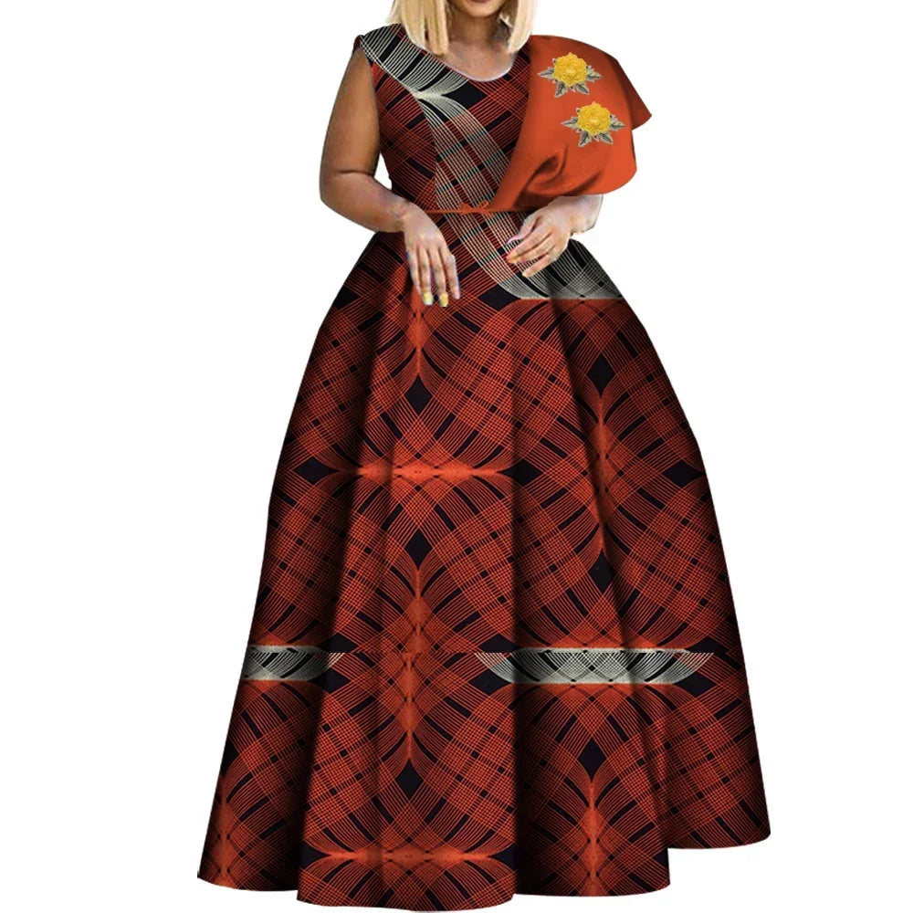 Bintarealwax Robes africaines Dashiki imprimées Bazin Robe de soirée asymétrique Robes africaines grande taille pour femmes WY3834