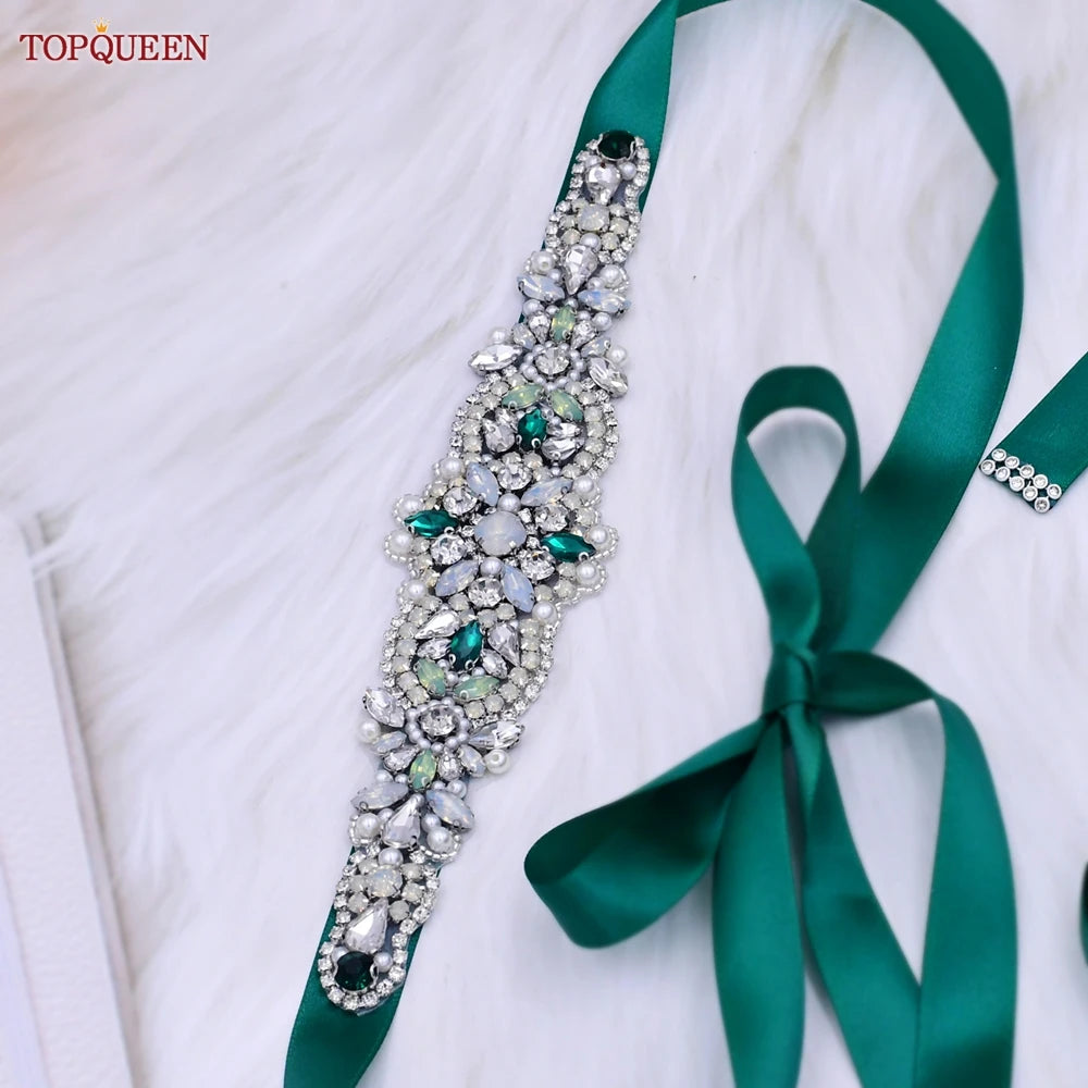 TOPQUEEN Multiple Styles Green Belt With Diamonds Bridal Wedding Accessories Rhinestone Women'S Dresses Evening Girdles S30