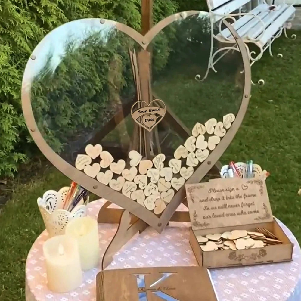 Wedding Guest Book Wooden Sweet Heart-shaped Wedding Guest Book Engraved Transparent Guestbook Weddings Welcome Card Decoration