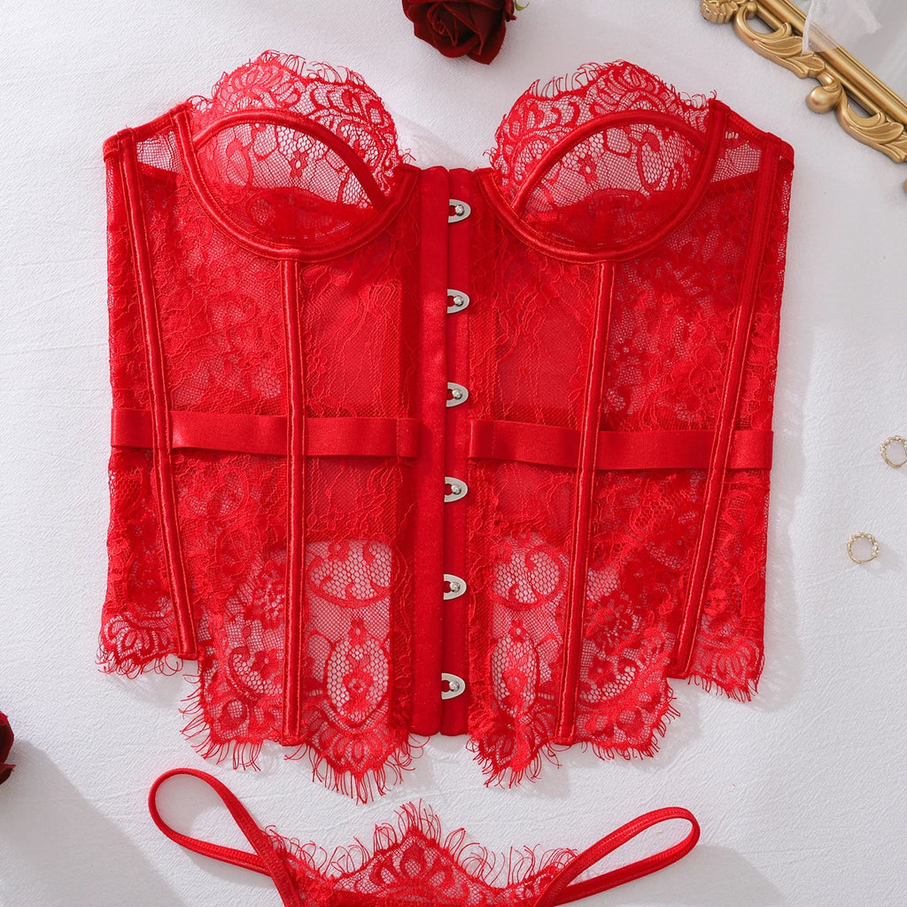 Ensembles de Lingerie Ellolace Palace Femme Corset Souple String Ensemble 2 Pièces Sexy Chaud Sans Bretelles Dentelle Fantaisie Décolleté Plongeant Sous-Vêtements Femme