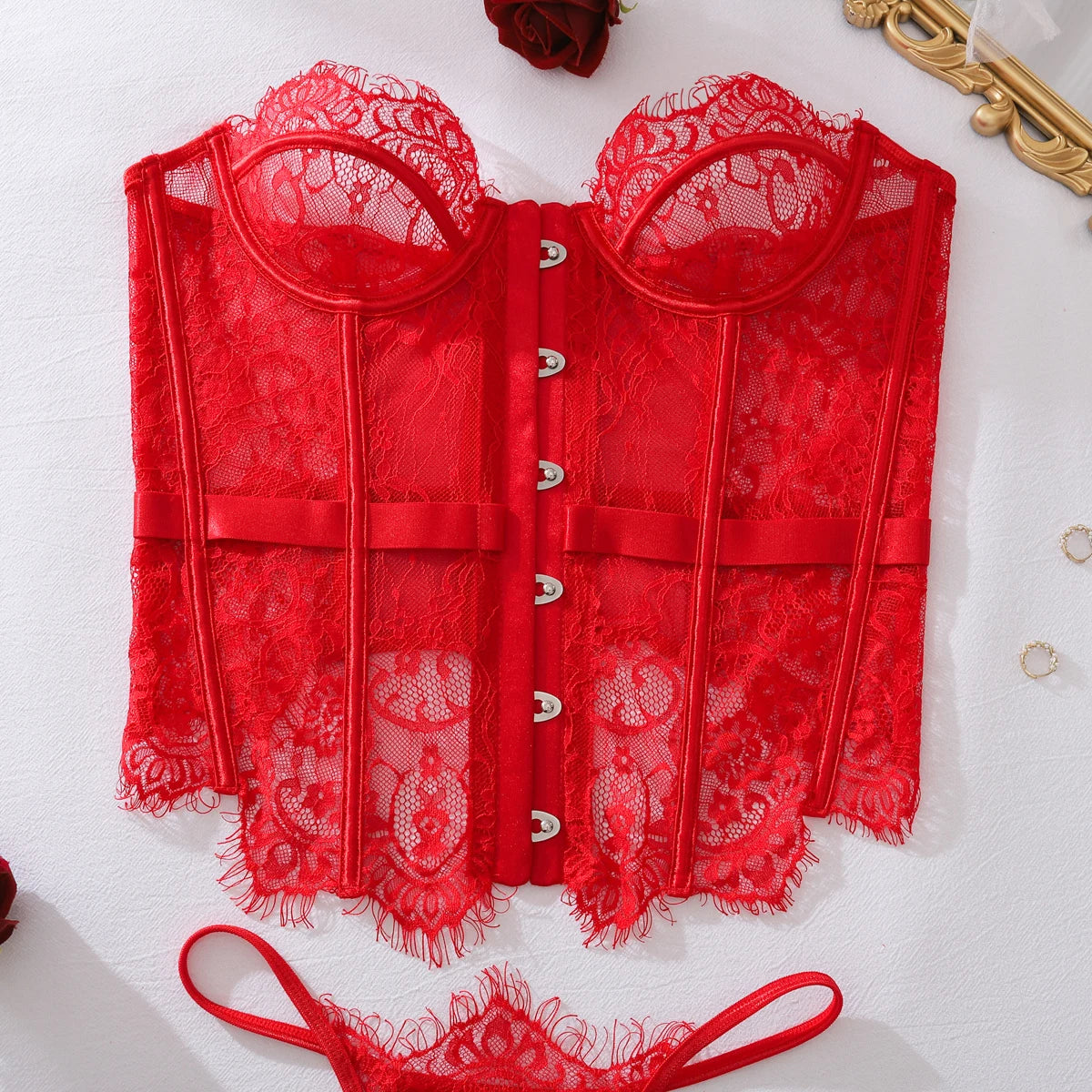 Ensembles de Lingerie Ellolace Palace Femme Corset Souple String Ensemble 2 Pièces Sexy Chaud Sans Bretelles Dentelle Fantaisie Décolleté Plongeant Sous-Vêtements Femme