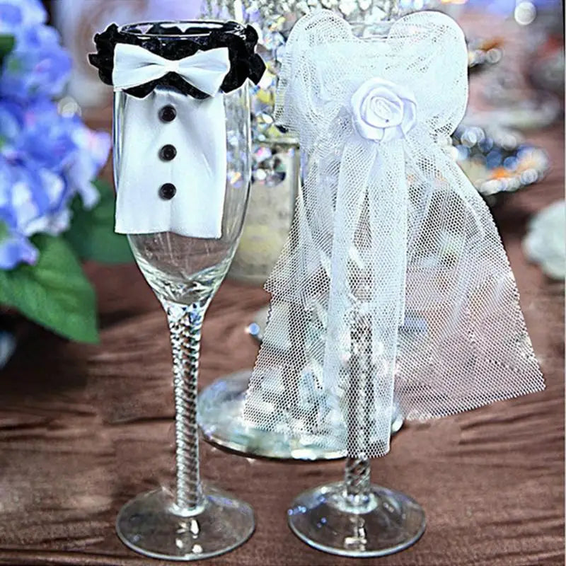 Lot de 2 nœuds papillon pour mariée et marié, décor de verres à vin pour fête de mariage