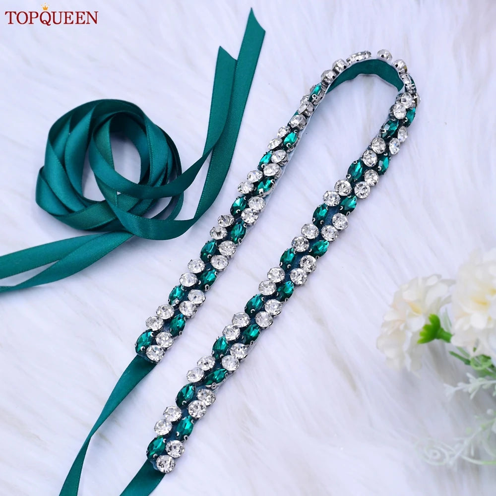 TOPQUEEN Multiple Styles Green Belt With Diamonds Bridal Wedding Accessories Rhinestone Women'S Dresses Evening Girdles S30