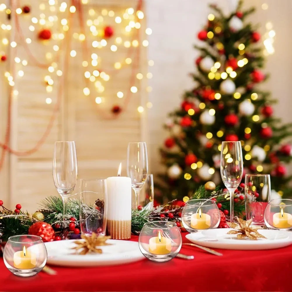 6Pcs Round Votive Candle Holders Glass Tealight Candle Holder Cup with LED Candles for Valentine's Day, Birthday Wedding Decor