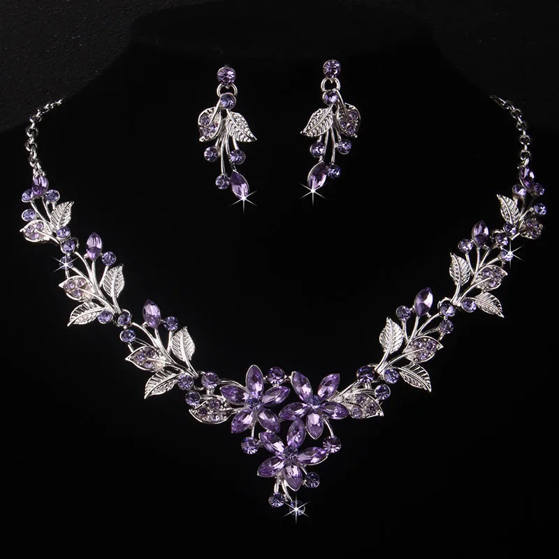 Parure de mariée collier et boucles d'oreilles Feuilles et Fleurs violettes