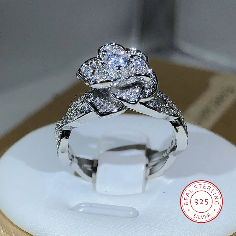 3D Rose Zircon Full Diamond Ring — 925 Sterling Silver