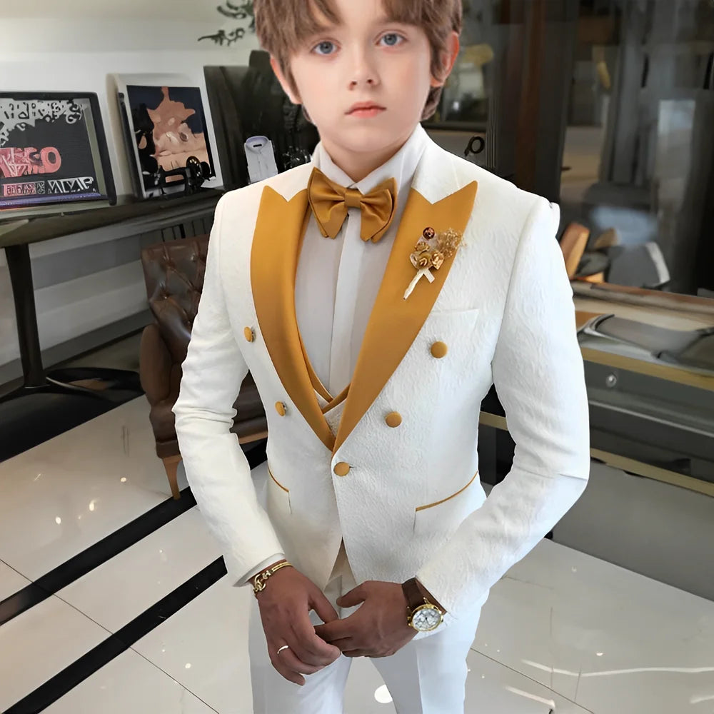 Costume jacquard blanc pour garçons, costume trois pièces pour mariage, smoking enfant 2025, nouveau design, veste, pantalon, gilet, robe sur mesure
