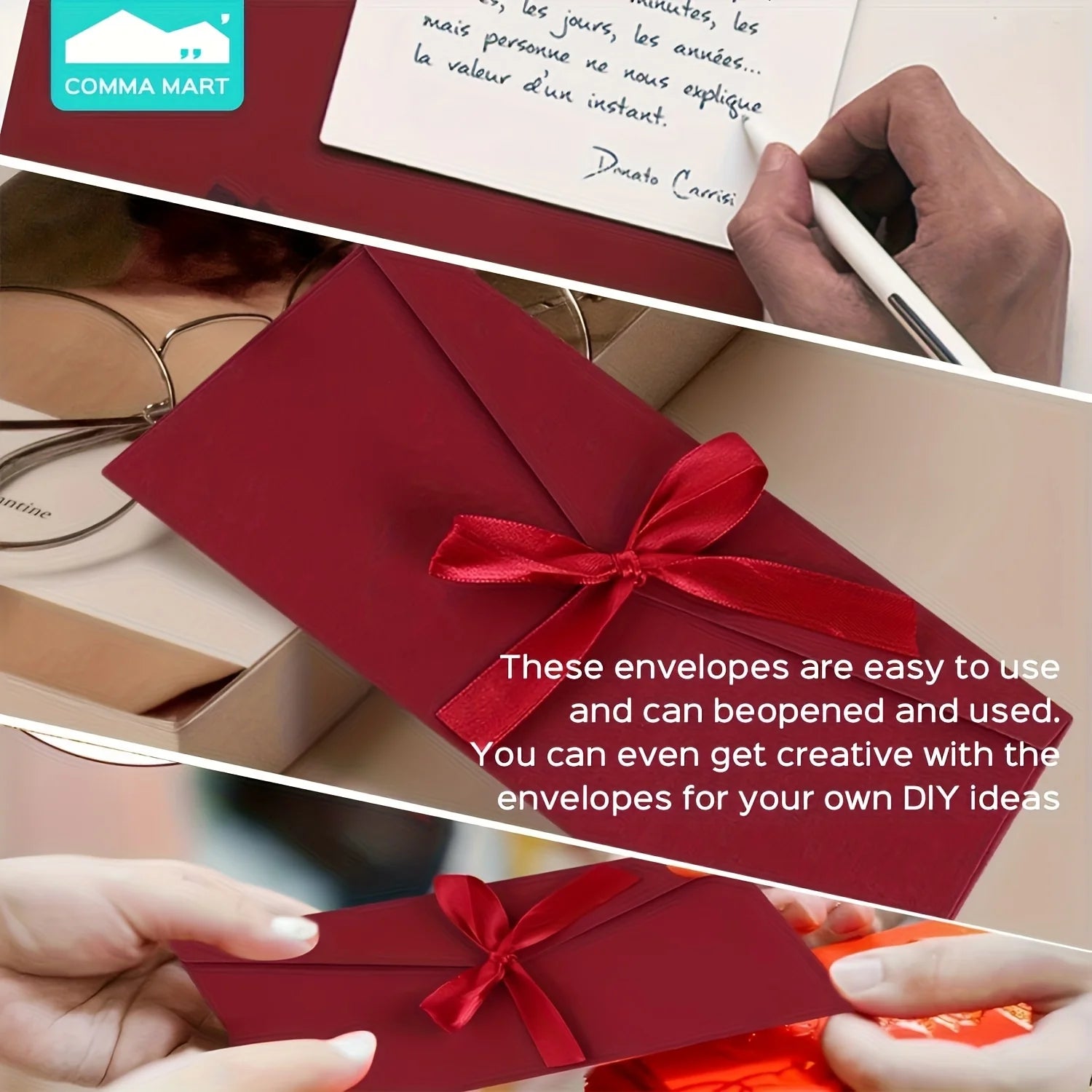 6 élégantes enveloppes cadeaux rouges avec nœuds en ruban - Invitations en papier kraft pour anniversaires, Noël, emballage cadeau de vacances