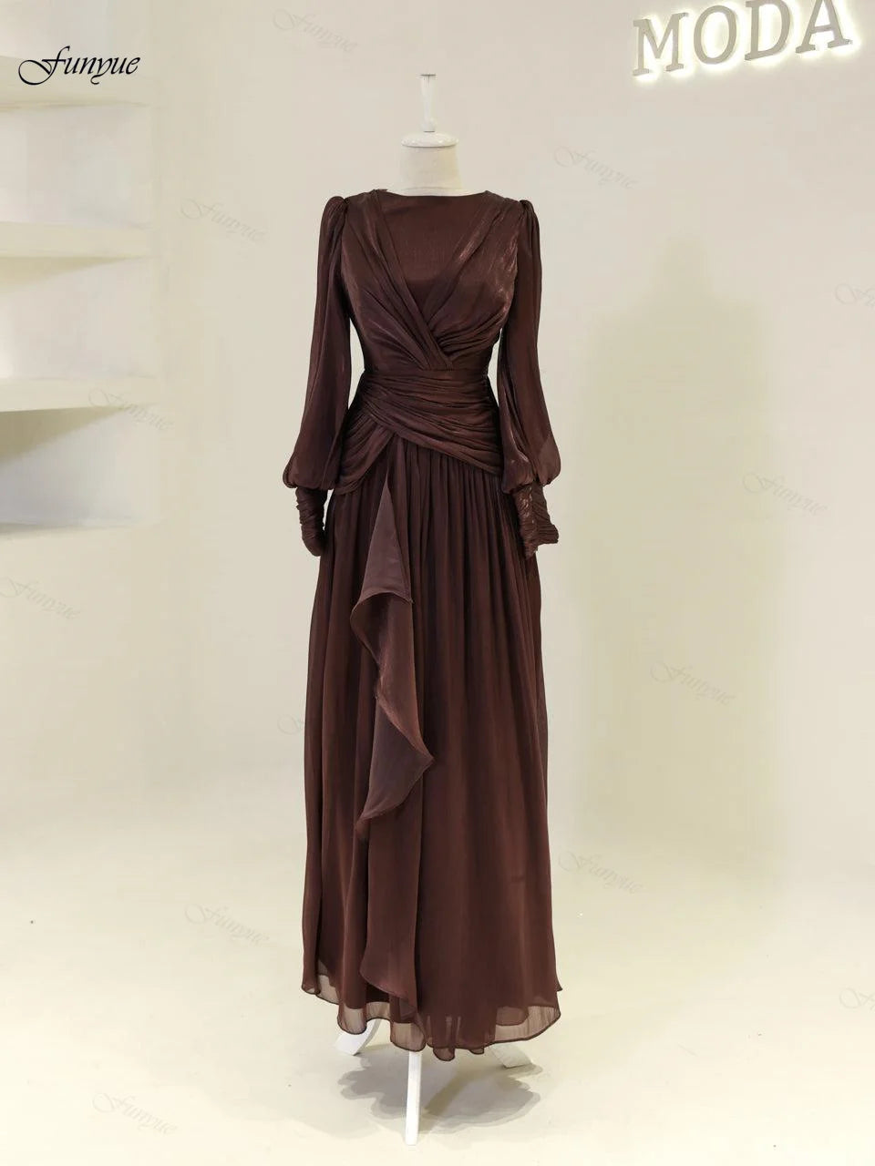 Robes de soirée musulmanes personnalisées élégantes pour femmes, en mousseline avec volants, manches longues, pour invités de mariage, robe de soirée formelle
