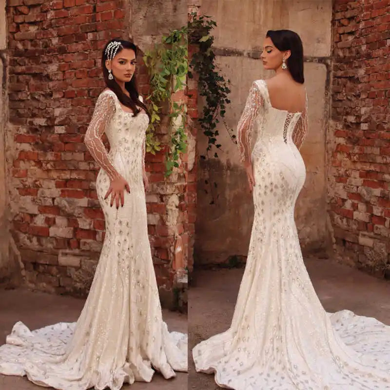 Strapless Mermaid Wedding Gown | Lace Appliqué Tulle Bridal Dress with Sweep Train