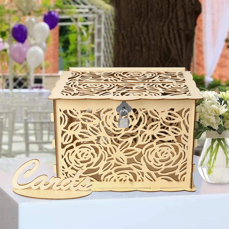 Urne de mariage en bois, grande boîte à monnaie avec serrure, boîte à cartes d'invitation de mariage pour fournitures de décoration d'anniversaire de mariage