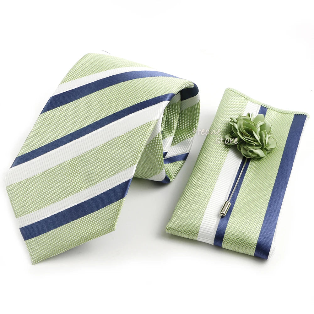 Men's Striped Necktie, Pocket Square & Brooch Set | Groom & Groomsmen Wedding Accessory