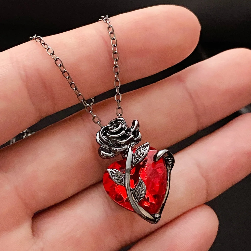 Gothic Black Rose & Red Stone Heart Pendant Necklace