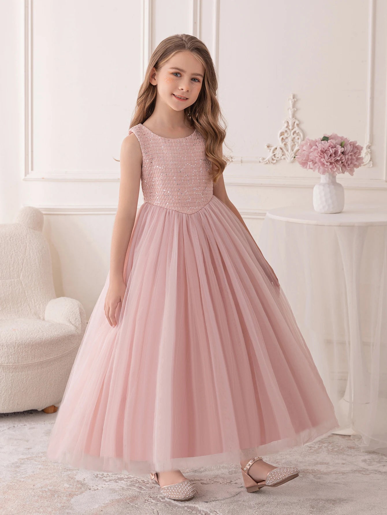 Robe Rose pour Fille, Robe de Demoiselle d'honneur, en Gaze avec Paillettes, Longue Robe de Soirée pour Anniversaire, Robe de Princesse