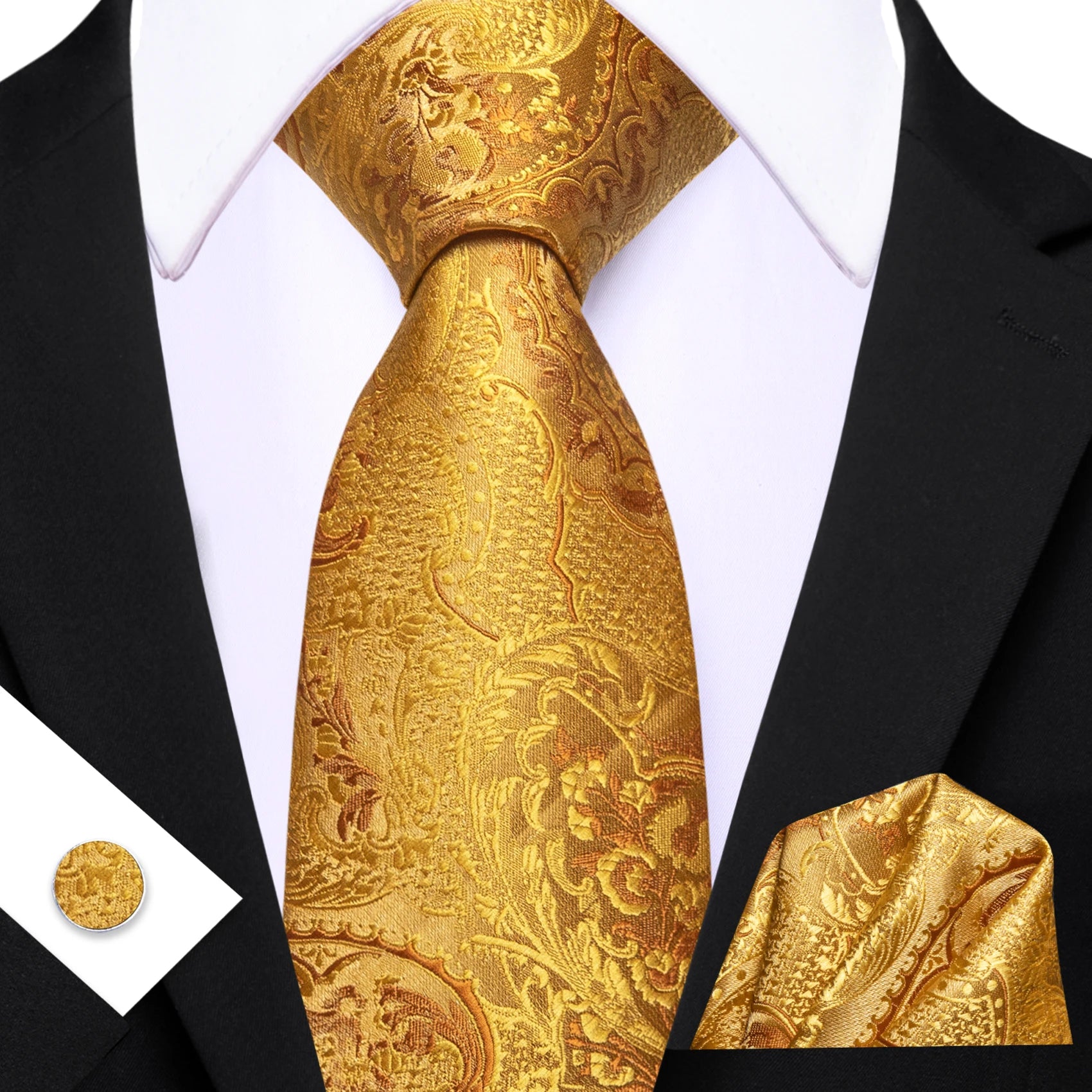 Barry.Wang Cravate Jacquard Or et Jaune pour Homme avec Mouchoir de Poche et Boutons de Manchette, Cravate Exquise pour Mariage et Affaires