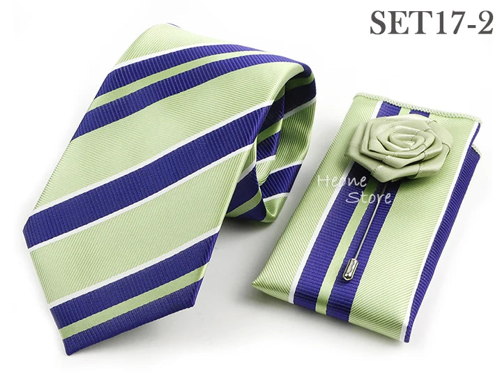 Men's Striped Necktie, Pocket Square & Brooch Set | Groom & Groomsmen Wedding Accessory