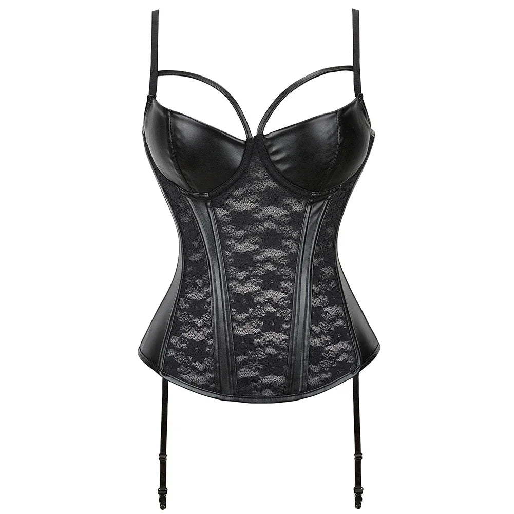Black Faux Leather Gothic Corset Women Overbust Lace Trimmer Korset Sexy Burlesque Lingerie Bustiers