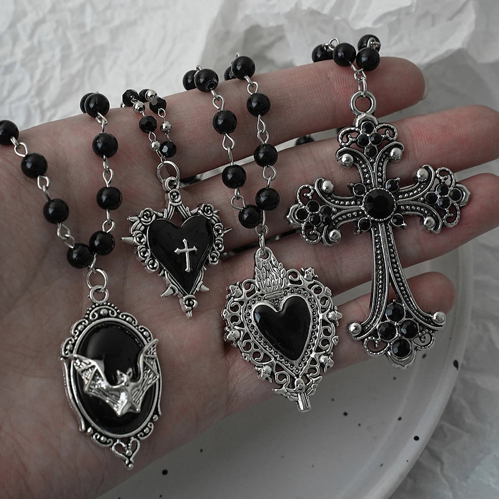 Gothic Bat & Cross Stacked Necklace Set — Y2K Dark Style