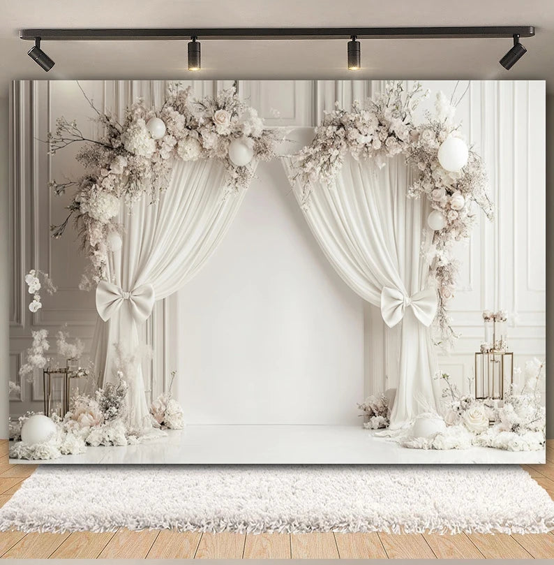 Toile de fond de fête pour photographie, motif mariage, fleur rose, palais, mur blanc, pour fête prénuptiale, décor de portrait de mariage, arrière-plan photo