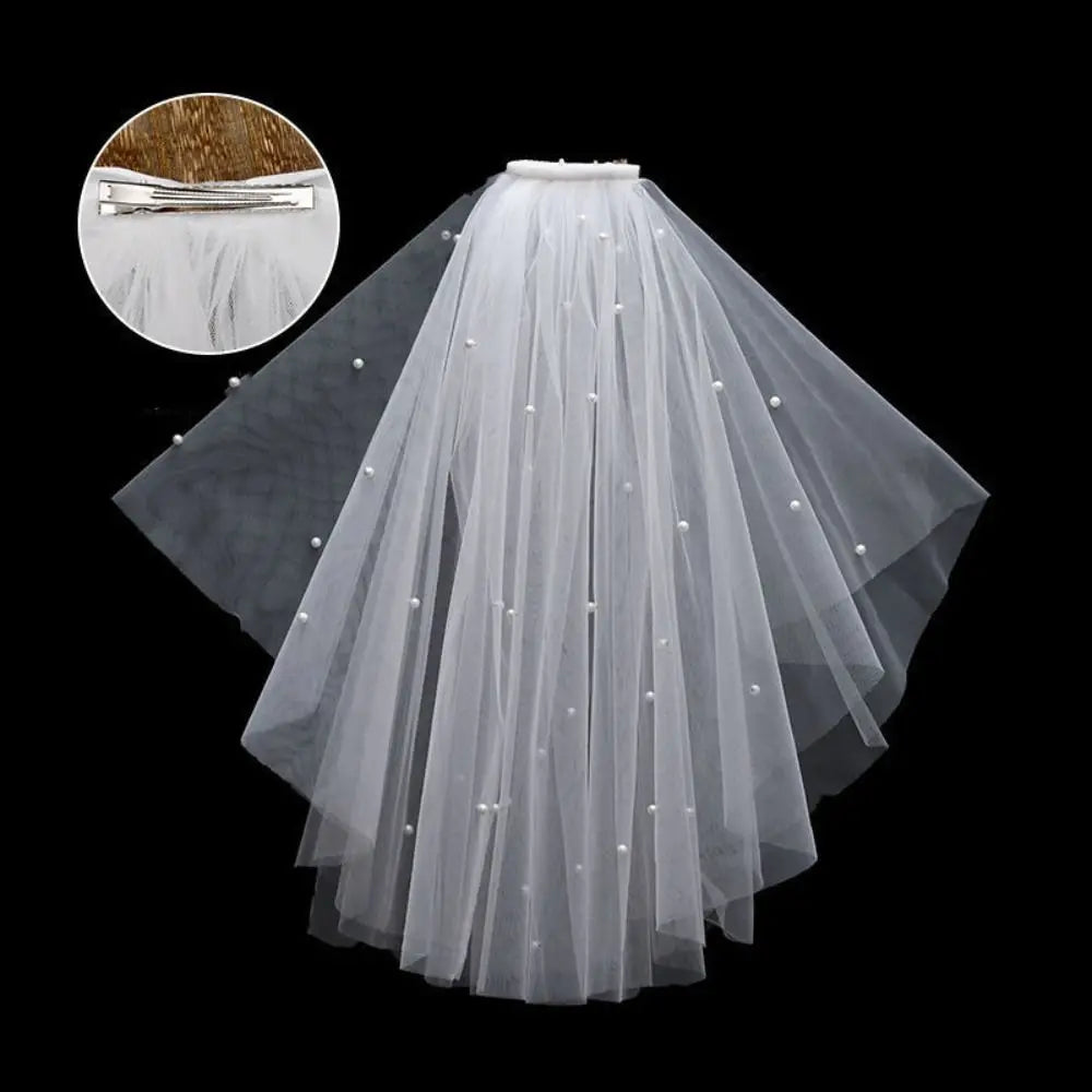 Fleur de mariage Voile de mariée Ruban de perles Tulle de tête de mariée Double couche Coiffe de mariée Tulle de mariage pour femme