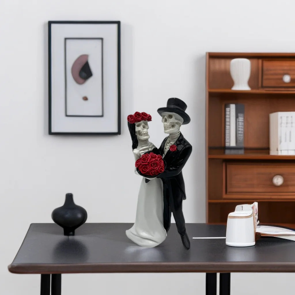 Statue de squelettes en couple, L'amour ne meurt jamais, mariés squelettes, figurine de mariage, crânes de la Fête des Morts en résine, effrayant Hal
