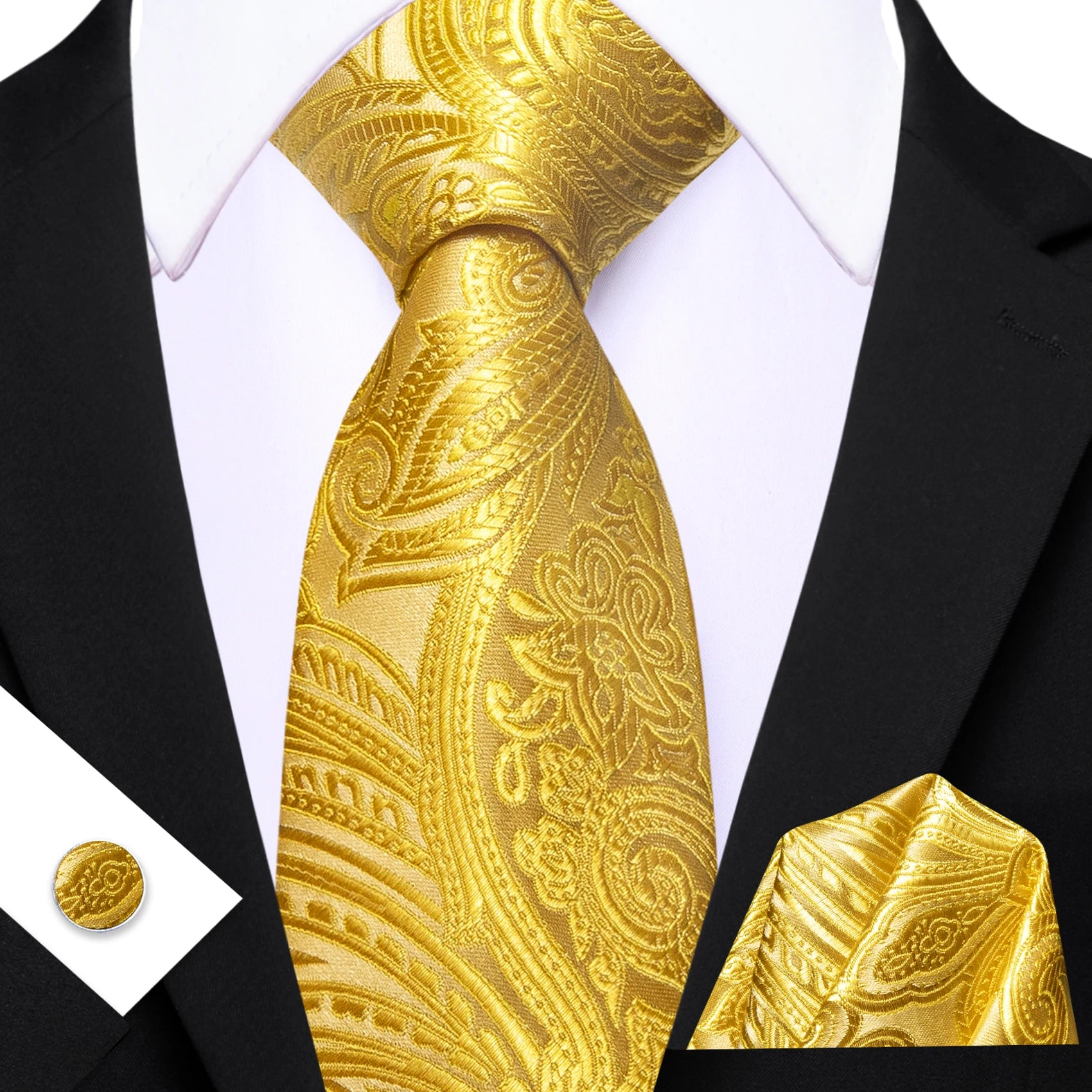Barry.Wang Cravate Jacquard Or et Jaune pour Homme avec Mouchoir de Poche et Boutons de Manchette, Cravate Exquise pour Mariage et Affaires