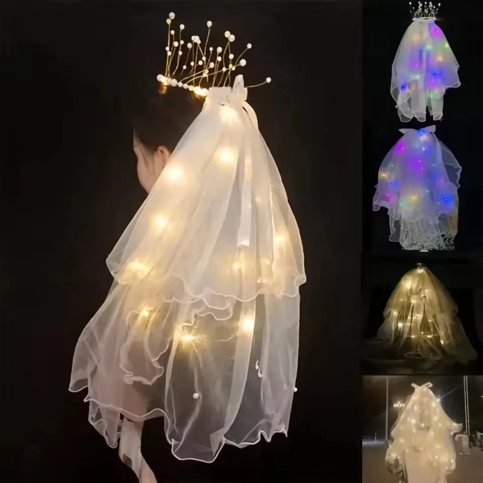 LED Bride Wedding Veil Light Up Bridal Veils with Hair Clip Tulle Party Festival Halloween Costume