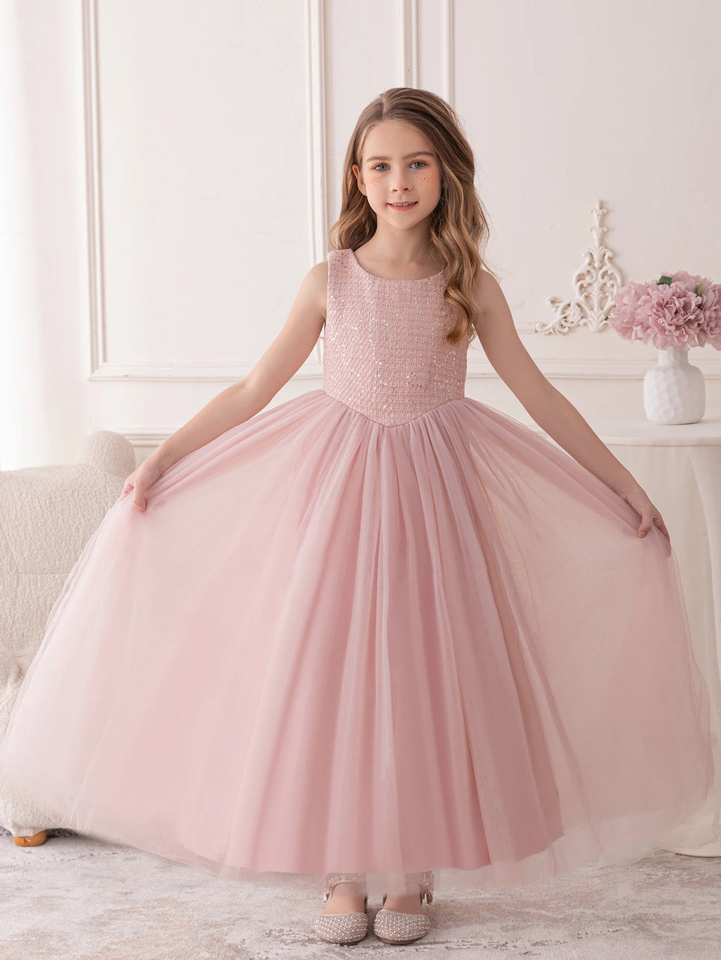 Robe Rose pour Fille, Robe de Demoiselle d'honneur, en Gaze avec Paillettes, Longue Robe de Soirée pour Anniversaire, Robe de Princesse