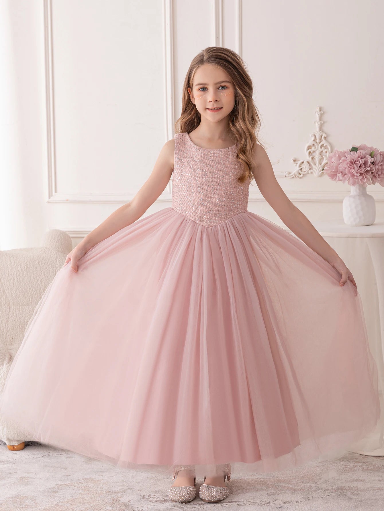 Robe Rose pour Fille, Robe de Demoiselle d'honneur, en Gaze avec Paillettes, Longue Robe de Soirée pour Anniversaire, Robe de Princesse