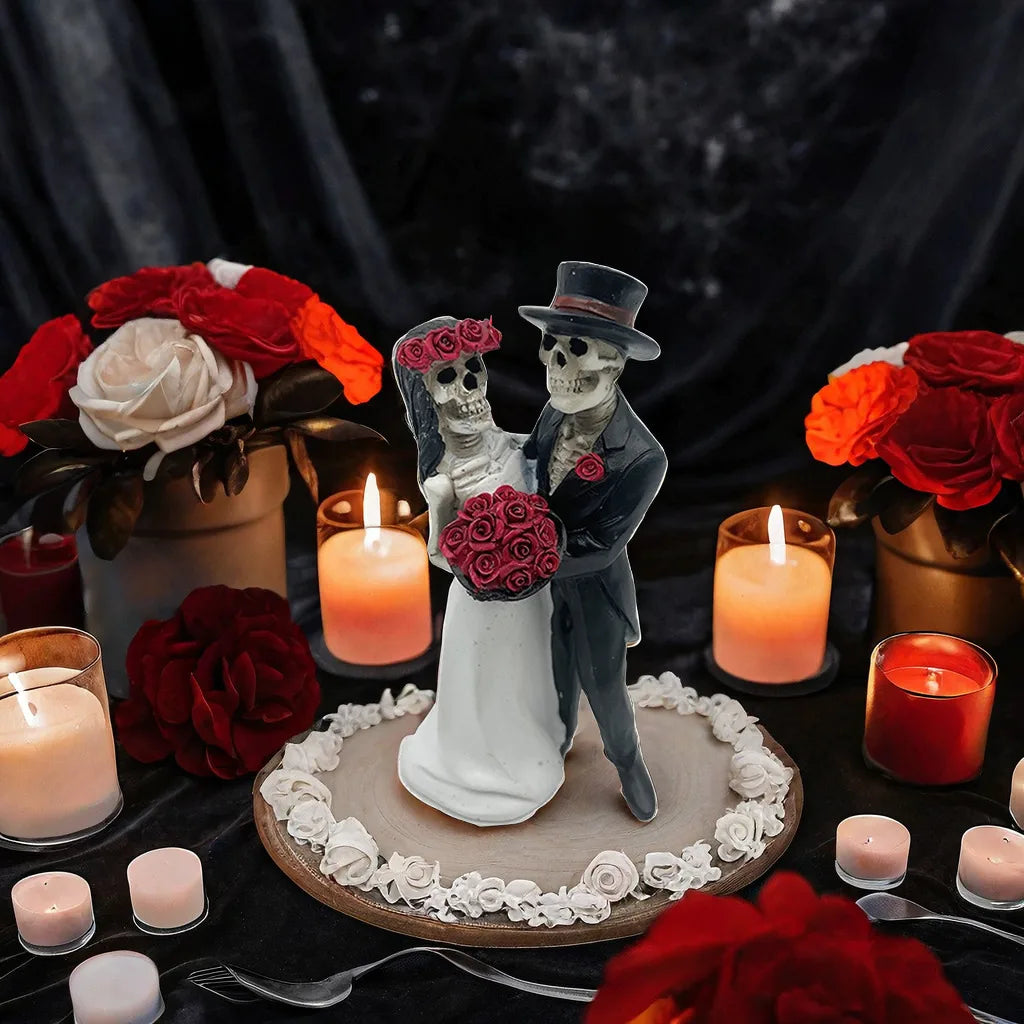 Statue de squelettes en couple, L'amour ne meurt jamais, mariés squelettes, figurine de mariage, crânes de la Fête des Morts en résine, effrayant Hal