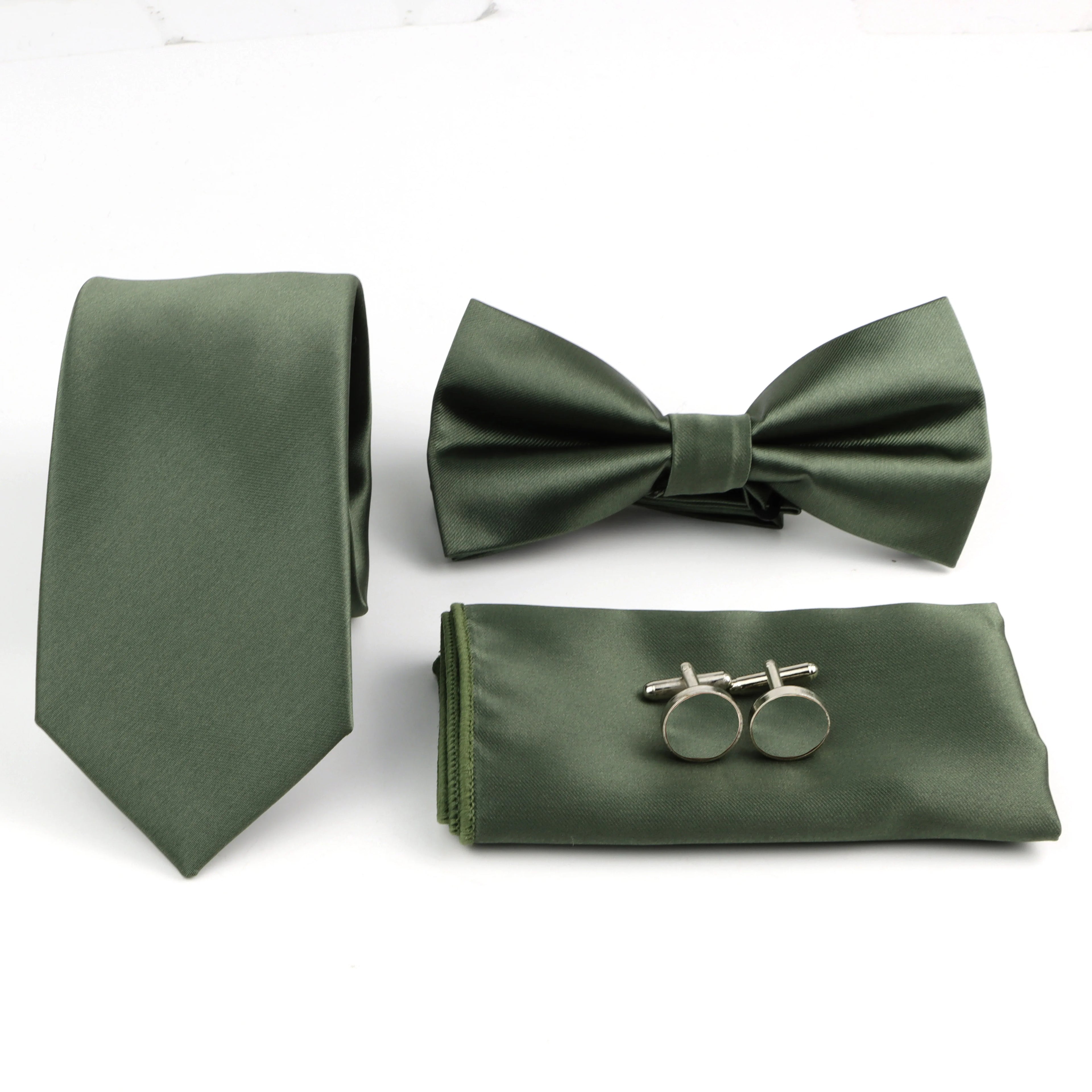 Men's Solid Color Tie Set | Necktie, Bow Tie, Pocket Square & Cufflinks for Weddings