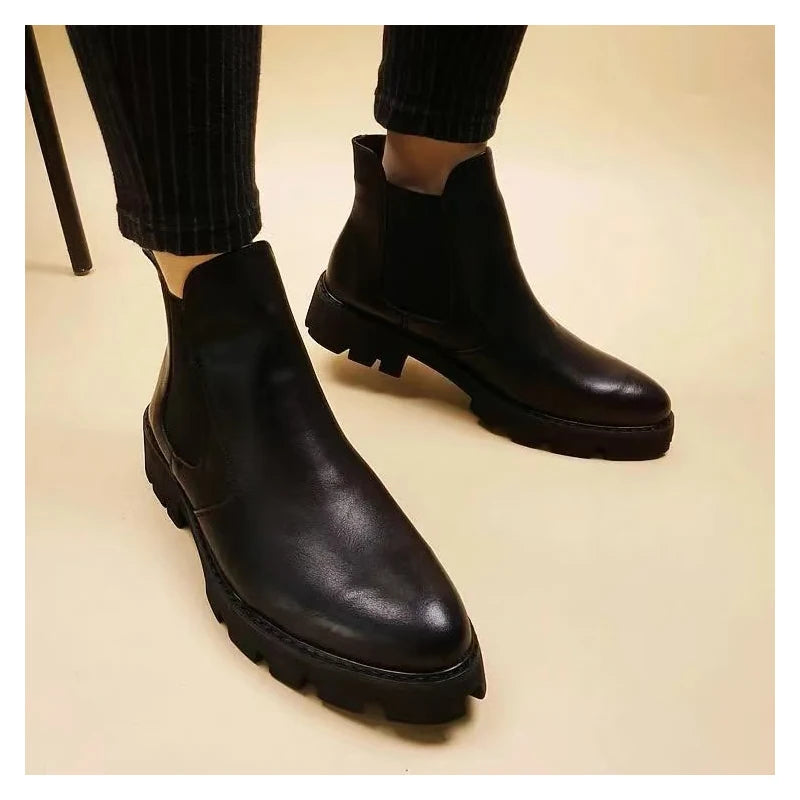 chaussures montantes en cuir véritable pour hommes, bottes Chelsea décontractées, chaussures habillées de bureau, bottes noires à plateforme, botas hombre, chaussure