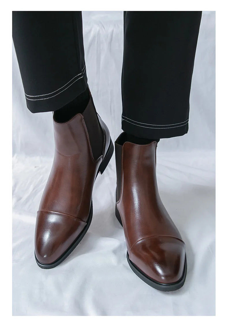 Bottes Cheville Homme Affaires Semelle Rouge Bout Pointu Bottines Habillées Britanniques Chaussures Hautes en Cuir Décontractées Chelsea Homme à Enfiler