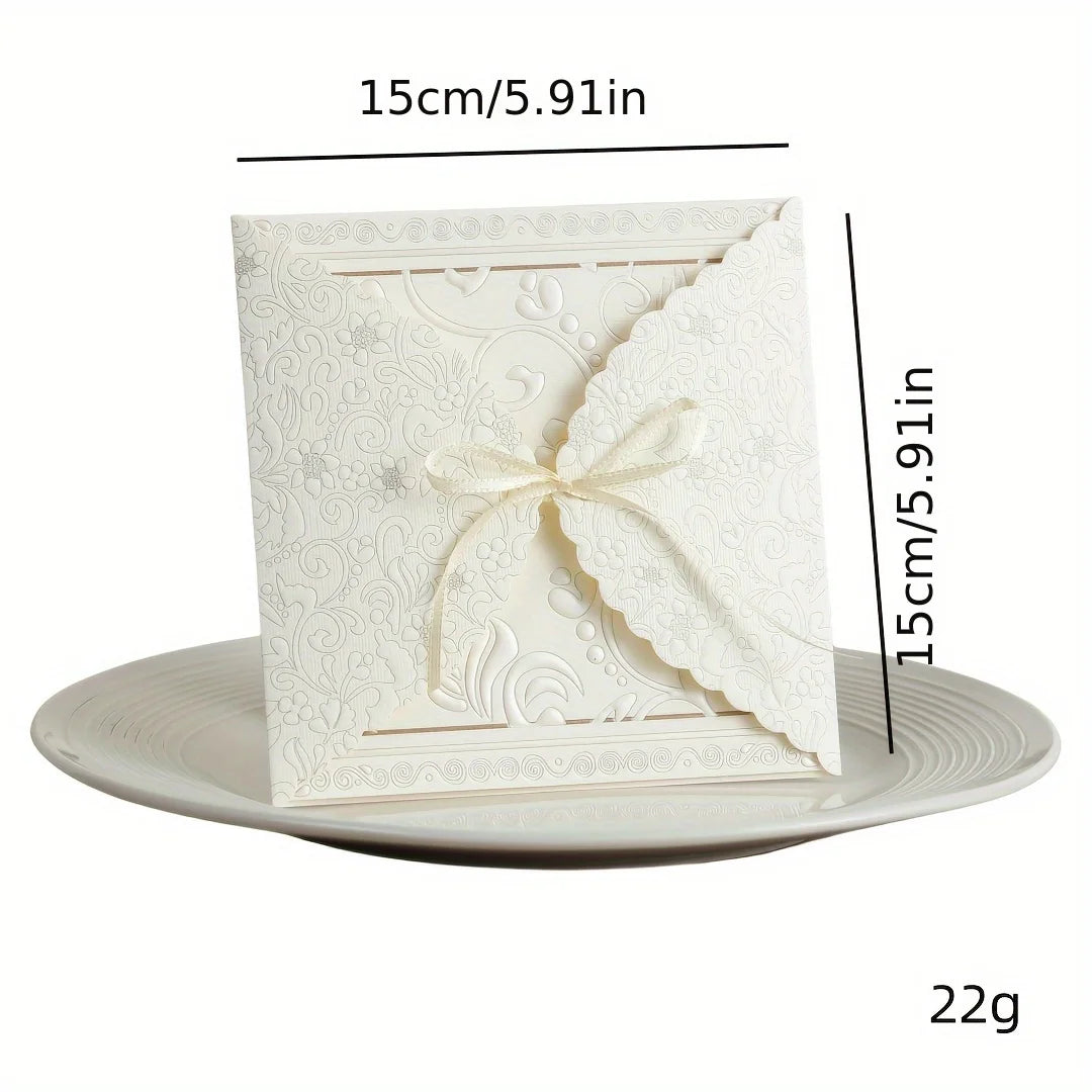2 invitations de mariage élégantes carrées avec nœud découpé, cartes intérieures et pochettes d'enveloppe - Fournitures et décorations pour mariage et fête